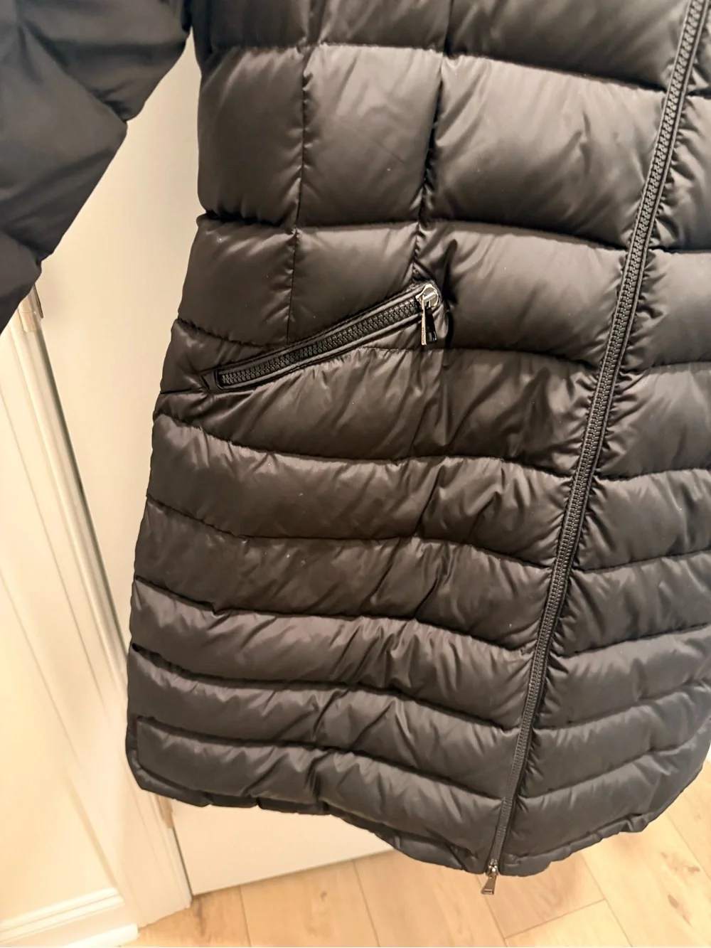 Moncler Flammette Black Long Down Puffer Coat | Hooded Jacket Size L